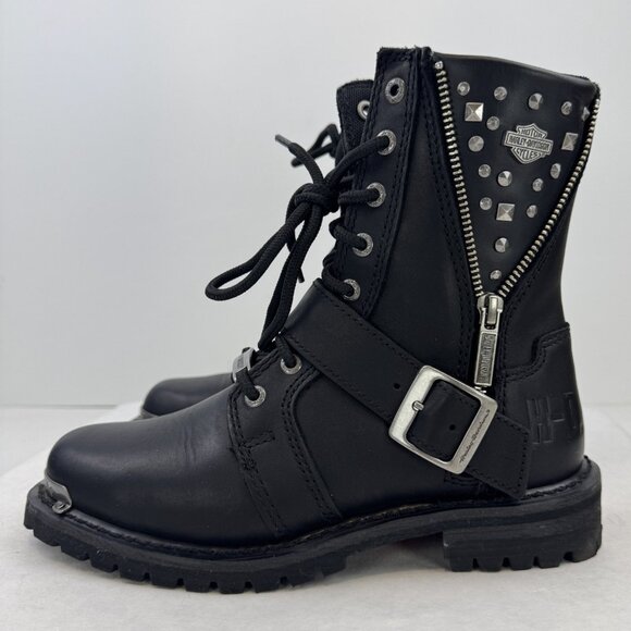 Harley Davidson Womens 6.5M Black Leather Studded Mindy D87051 Motorcycle Boots - Picture 1 of 16